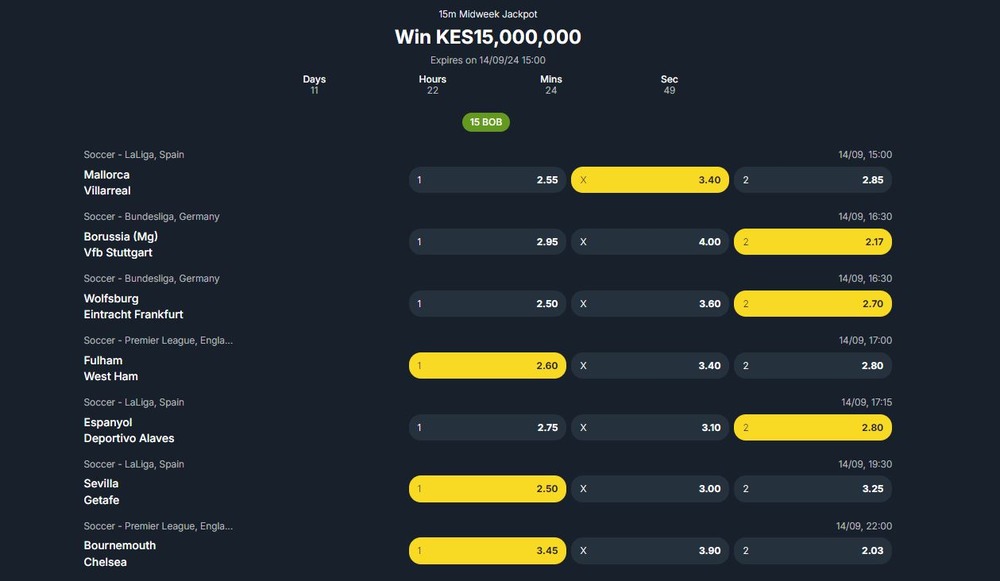 Betting on 15 matches in the Betika Midweek Jackpot