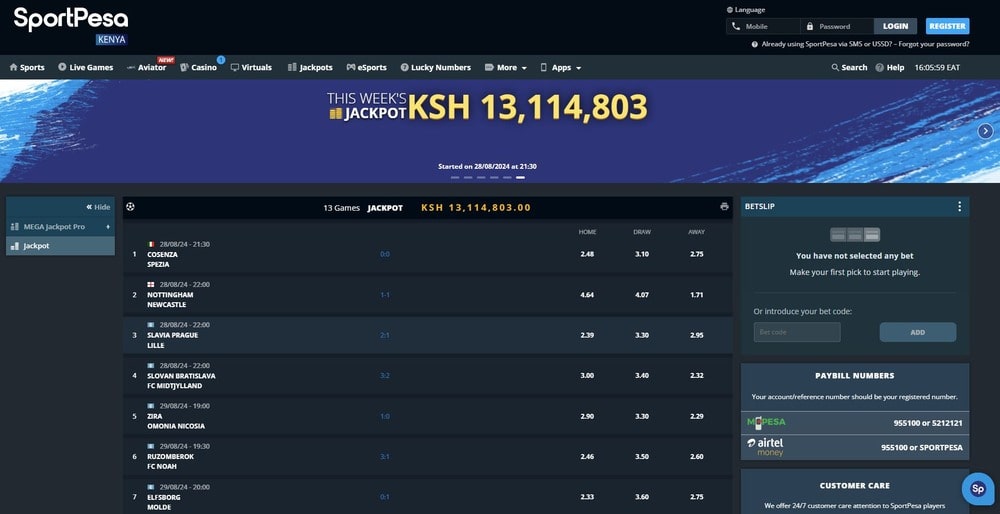 Jackpots section on the Sportpesa bookmaker's website