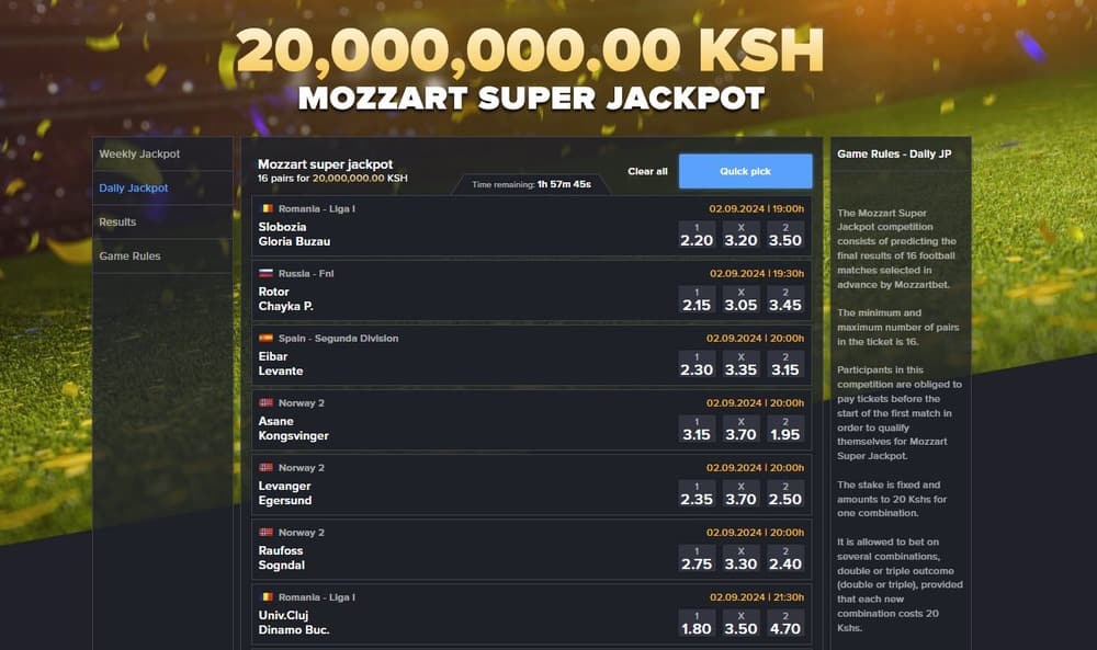 Section with information about Mozzart Grand Jackpot on the bookmaker's website