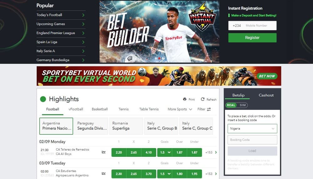 Home page of the official sportybet website 